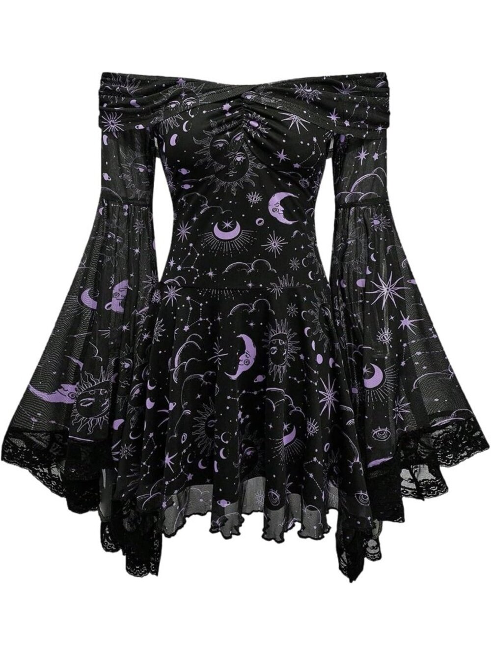 Women's Gothic Off Shoulder Mesh Mini Dress Long Bell Sleeve Black Dress-Purple